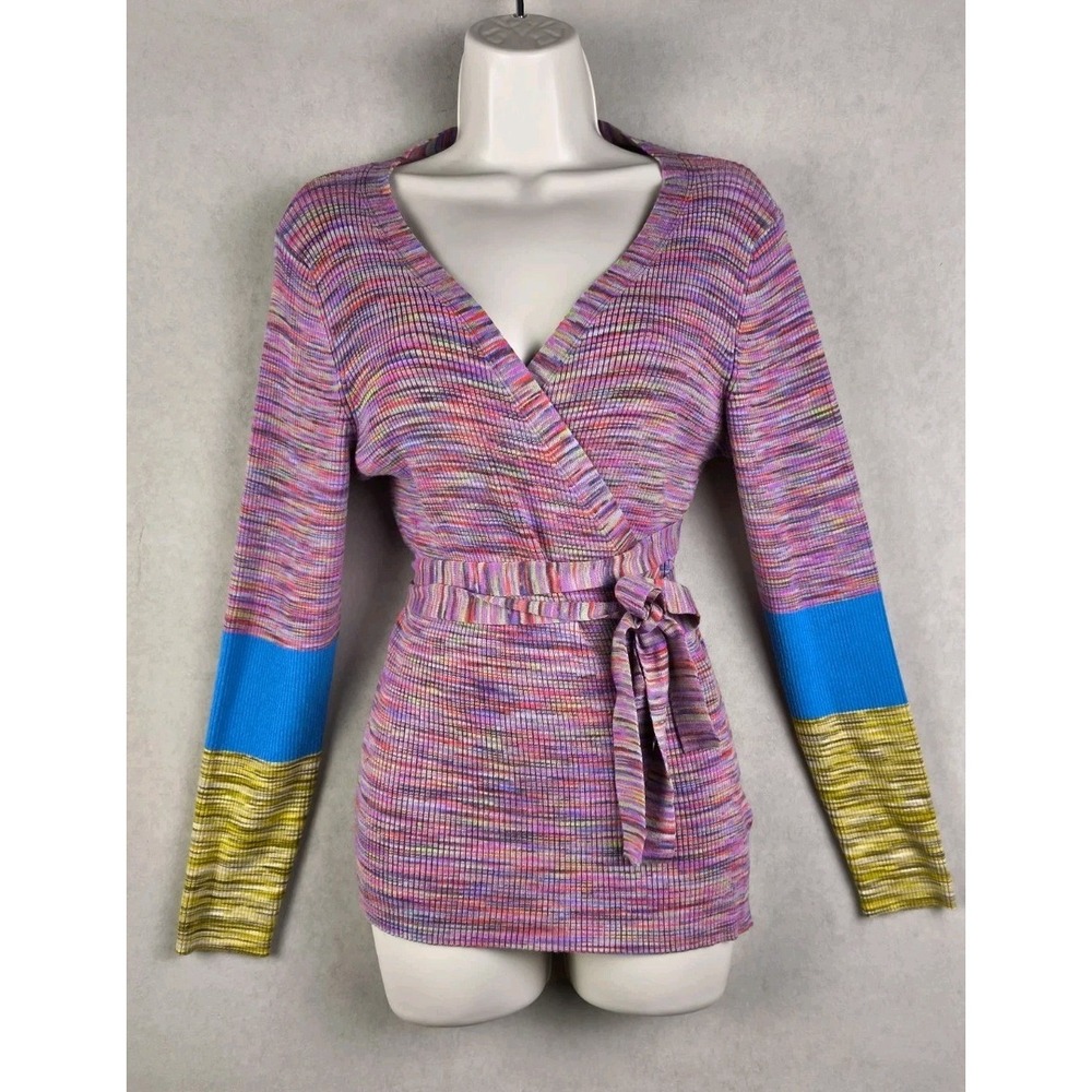 Sundance Wrap Sweater Colorblock Sleeve Belted Boho Artsy Knit L